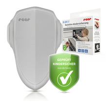 Sécurité de porte de four reer en plastique gris avec emballage et symbole de sécurité enfant testée.
