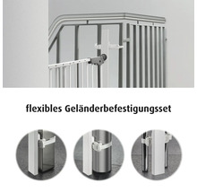 Kit de fixation flexible pour barrière de sécurité adaptable sur rampes à barreaux ronds ou poteaux carrés.