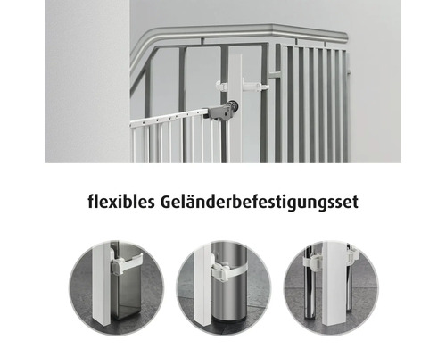 Kit de fixation flexible pour barrière de sécurité adaptable sur rampes à barreaux ronds ou poteaux carrés.