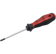 Tournevis cruciforme Pattfield avec poignée ergonomique rouge et noire et tige en acier.