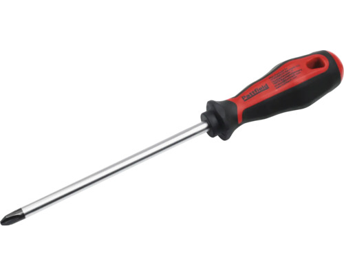 Tournevis cruciforme Pattfield avec poignée en plastique noir et rouge et tige en métal argenté.