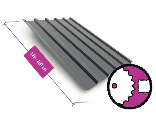 Tôle trapézoïdale en métal anthracite, longueur de 120 à 400 centimètres et symbole pour découpe sur mesure.