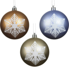 Trois boules de Noël avec motif flocon de neige en bleu, or et bronze, avec attache.