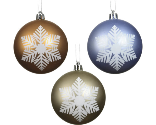 Trois boules de Noël avec motif flocon de neige en bleu, or et bronze, avec attache.