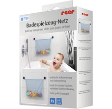 reer Logo sur l emballage d un filet de rangement pour jouets de bain, montage avec ventouses, dimensions 43 par 36 centimètres.
