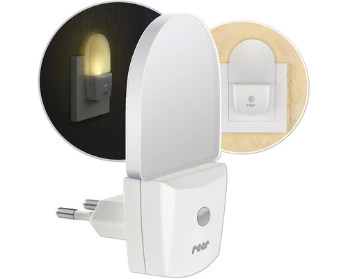 Reer LED-Nachtlicht für die Steckdose mit Dämmerungssensor, Ansicht des Produkts und Detailaufnahmen im Betrieb bei Helligkeit und Dunkelheit.