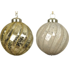 Boules de Noël en verre avec rayures pailletées diagonales et aspect moucheté, or et champagne.