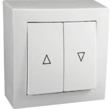 Weißer Aufputz-Rollladenschalter mit zwei Wippen und Pfeilsymbolen für Auf und Ab.