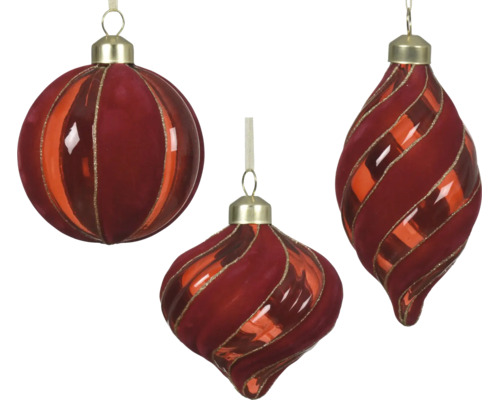 Lot de trois suspensions de Noël en verre avec rayures en velours rouge et paillettes de formes variées.
