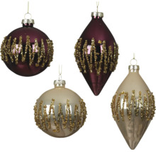 Décorations de sapin de Noël en verre, boules et gouttes avec motif à paillettes dorées.