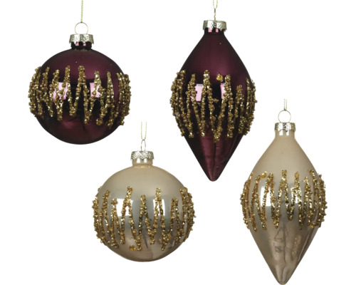 Décorations de sapin de Noël en verre, boules et gouttes avec motif à paillettes dorées.