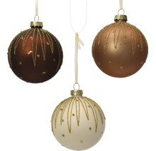 Trois boules de Noël avec un décor de paillettes composé de lignes et de points, rubans de suspension inclus.