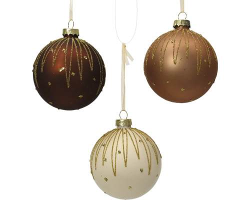 Trois boules de Noël avec un décor de paillettes composé de lignes et de points, rubans de suspension inclus.