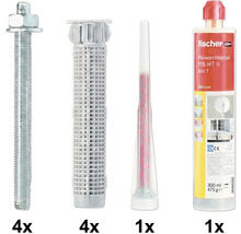 Fischer Injektionsmörtel Set FIS HT II bestehend aus einer 300 Milliliter Kartusche, einem Statikmischer, 4 Ankerstangen und 4 Siebhülsen.