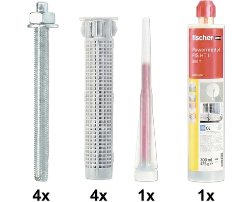 Fischer Injektionsmörtel Set FIS HT II bestehend aus einer 300 Milliliter Kartusche, einem Statikmischer, 4 Ankerstangen und 4 Siebhülsen.