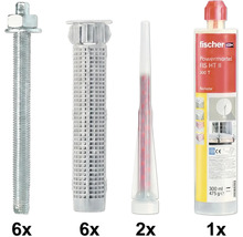 Fischer Powermörtel Set FIS HT II mit sechs Ankerstangen, sechs Ankerhülsen, zwei Statikmischern und einer 300 Milliliter Kartusche.
