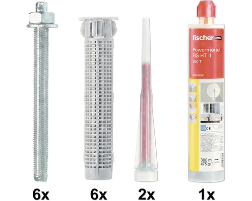 Fischer Powermörtel Set FIS HT II mit sechs Ankerstangen, sechs Ankerhülsen, zwei Statikmischern und einer 300 Milliliter Kartusche.