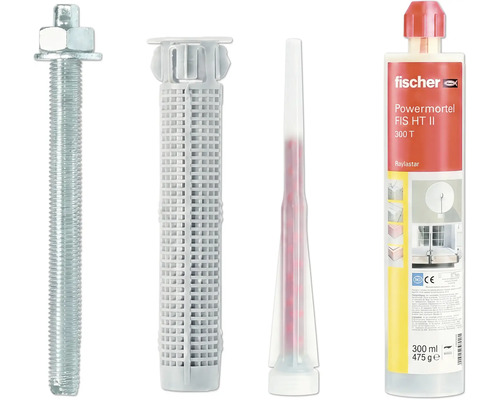 Fischer Injektionsmörtel-Set FIS HT II 300 T mit Gewindestange, Siebhülse, Statikmischer und 300 Milliliter Kartusche.