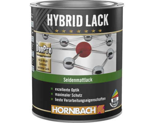 Vernis hybride Hornbach satiné, technologie DuoPro à base d'acrylique et d'alkyde pour un aspect excellent et une protection, Hornbach Logo.