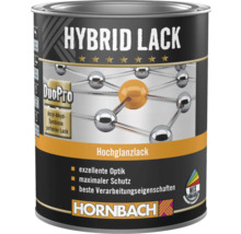 Hornbach Hybrid Lack Hochglanzlack, Acryl-Alkyd-Mischung für maximalen Schutz und exzellente Optik. Hornbach Logo.