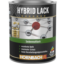 Pot de vernis hybride Hornbach DuoPro aspect satiné à base acrylique-alkyde offrant une protection maximale, Hornbach Logo.