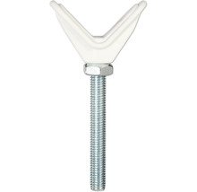 Support en V avec boulon fileté et écrou hexagonal en métal et plastique blanc.