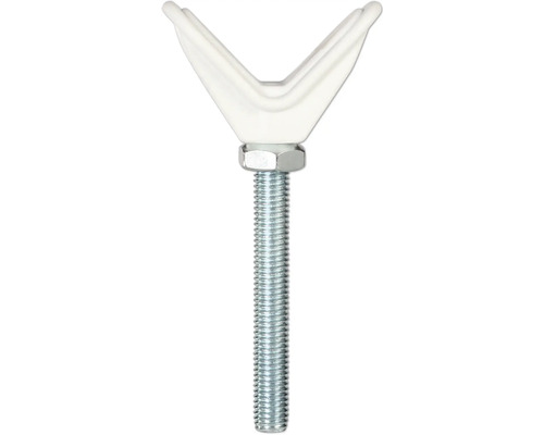 V-Auflage mit Gewindebolzen und Sechskantmutter aus Metall und weißem Kunststoff.