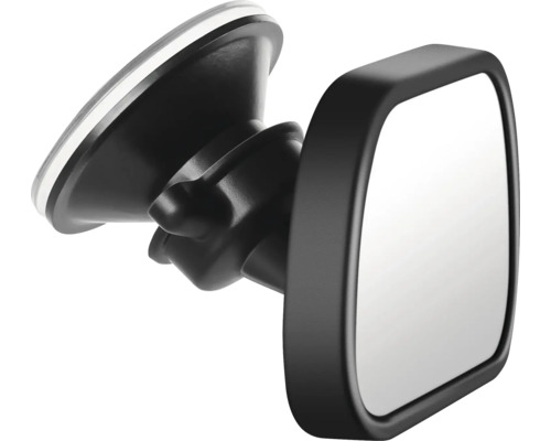 Rétroviseur de voiture carré avec rotule réglable et fixation par ventouse en plastique noir.