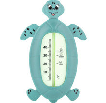 Badethermometer in Schildkrötenform mit Skala von 0 bis 40 Grad Celsius sowie Markierungen für ideale, warme und kalte Wassertemperaturen.