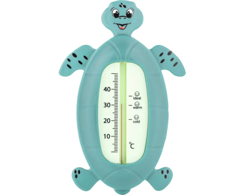 Badethermometer in Schildkrötenform mit Skala von 0 bis 40 Grad Celsius sowie Markierungen für ideale, warme und kalte Wassertemperaturen.