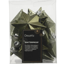 Décorations de Noël étoiles incassables, lot avec surfaces brillantes, mates et pailletées en boîte transparente, Decoris Logo.