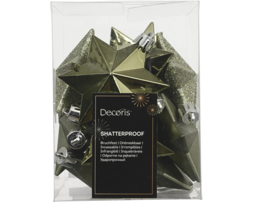 Décorations de Noël étoiles incassables, lot avec surfaces brillantes, mates et pailletées en boîte transparente, Decoris Logo.