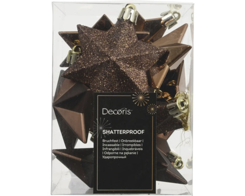 Décorations de Noël incassables en forme d'étoile en marron avec Decoris Logo.