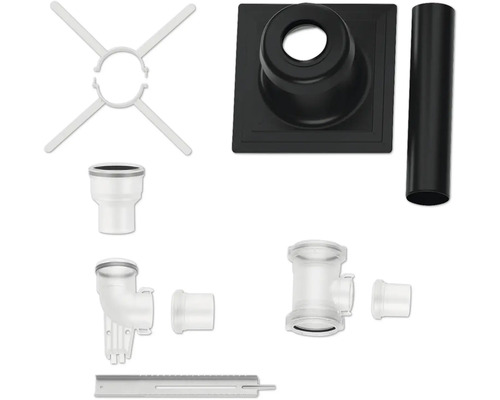 Set für Sanitärinstallationen mit Grundplatte, Rohr, Halterung, Metallleiste und verschiedenen Kunststoff-Verbindungselementen.