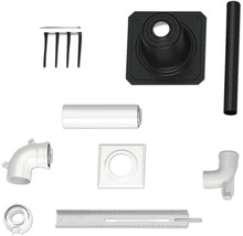 Kit de composants pour l'évacuation des fumées avec tuyaux, coudes, passage mural, rail de montage et accessoires.