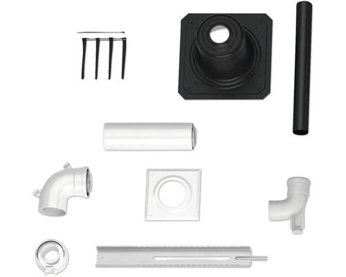 Kit de composants pour l'évacuation des fumées avec tuyaux, coudes, passage mural, rail de montage et accessoires.