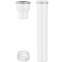 Kit en plastique blanc pour siphons comprenant un raccord, un long tube de plongée et une crépine pour l'écoulement.
