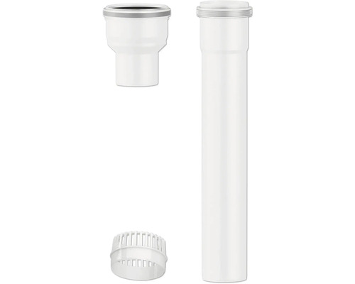 Kit en plastique blanc pour siphons comprenant un raccord, un long tube de plongée et une crépine pour l'écoulement.