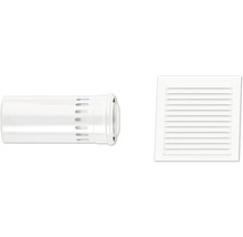 Kit d aération comprenant un tube de ventilation rond et une grille d aération carrée en plastique.