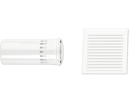 Kit d aération comprenant un tube de ventilation rond et une grille d aération carrée en plastique.
