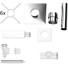 Kit d'évacuation des fumées comprenant des conduits en acier inoxydable, tubes en plastique blanc, rosaces, coudes et six écarteurs de montage.