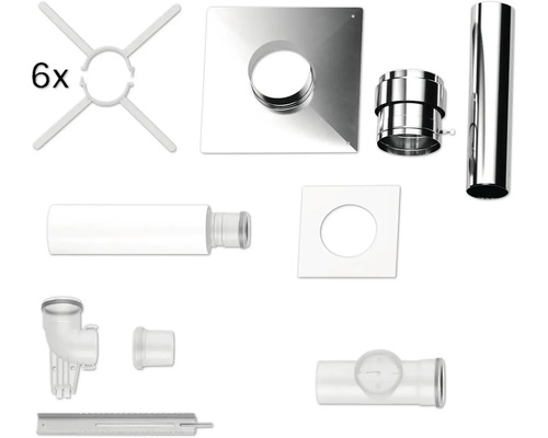 Kit d'évacuation des fumées comprenant des conduits en acier inoxydable, tubes en plastique blanc, rosaces, coudes et six écarteurs de montage.