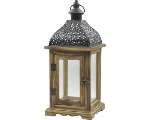 Laterne aus Holz mit Metalldach und Glaseinsätzen, Tür mit Verschluss und Tragegriff.