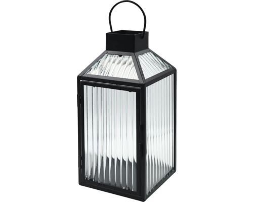 Schwarze Metalllaterne mit geriffeltem Glas und Henkel.