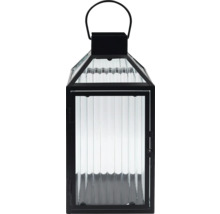 Schwarze Laterne aus Metall mit geriffeltem Glas und Henkel.
