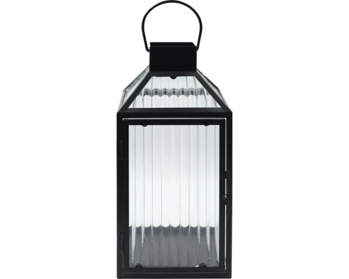 Schwarze Laterne aus Metall mit geriffeltem Glas und Henkel.