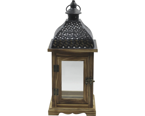 Lanterne rustique en bois avec toit en métal orné, inserts en verre et fermeture métallique.