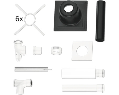 Set für Dachdurchführungen mit schwarzen und weißen Kunststoffrohren, Verbindungsstücken, einer Manschette und Befestigungsmaterial.