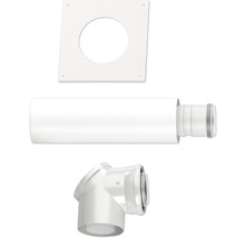 Kit d'évacuation des fumées comprenant un tube droit, un coude et une rosace murale en plastique blanc.