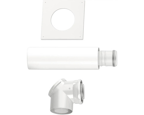Kit d'évacuation des fumées comprenant un tube droit, un coude et une rosace murale en plastique blanc.